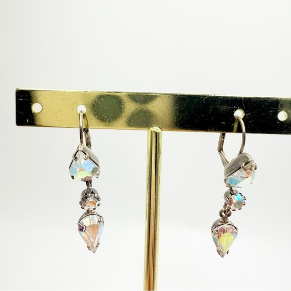 Vintage Silver Tone Aurora Borealis Crystal Glass Drop Earrings - Picture 3 of 6